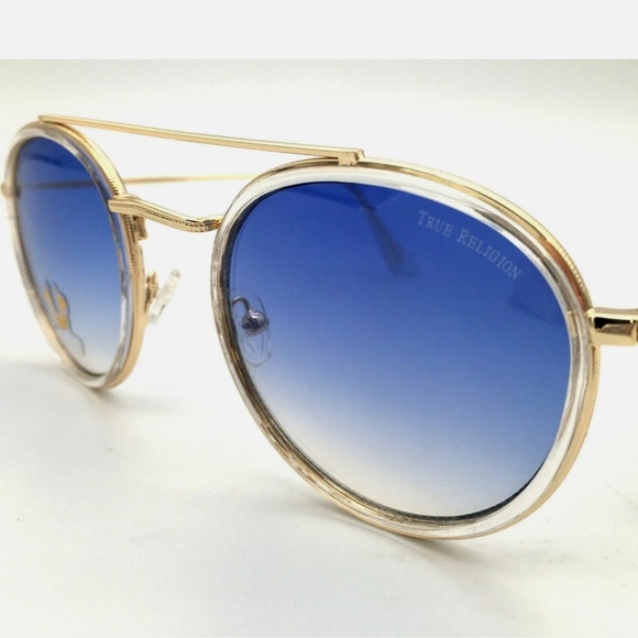 TRUE RELIGION Sunglasses Gold Frame Blue Round Shade - Picture 7 of 8